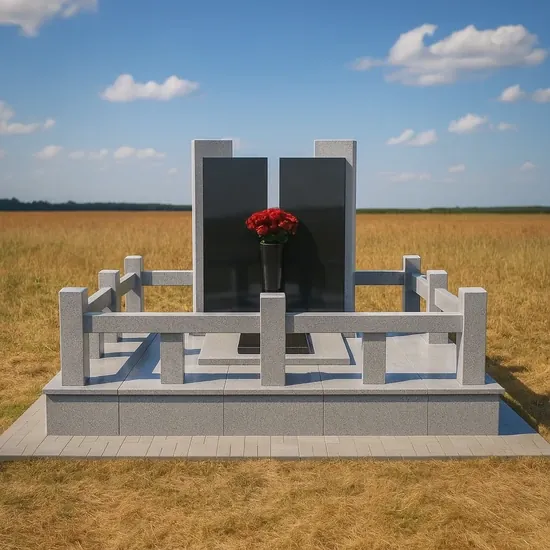 Пример красивого гранитного мемориального комплекса с цветами